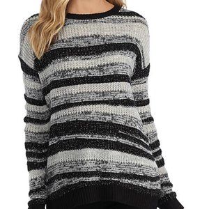 New Directions Black Grey Stripe Silver Shimmer Thread Knit Sweater Size L